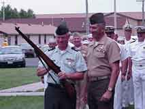 MSG Doug Morrison with LTC Langoria, the USMC WTB CDR, after the special presentation of the Navy Trophy M-1 (7.62mm) at Camp Perry for winning the 2000 Interservice Rifle Championship.